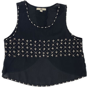 Ya Womens Black Beaded Embellished Crop Split Back Sleeveless Crop Top Size L